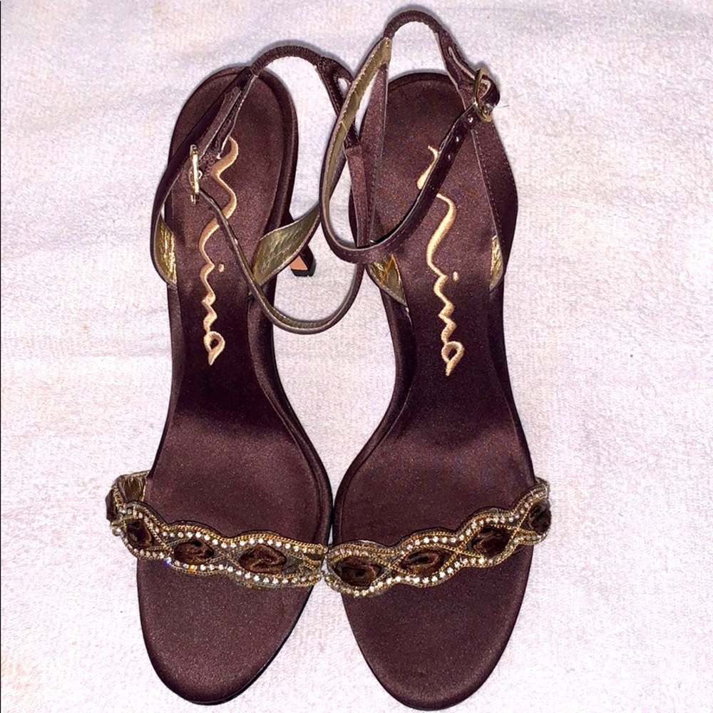 NINA Satin Brown Ankle Strap Heels